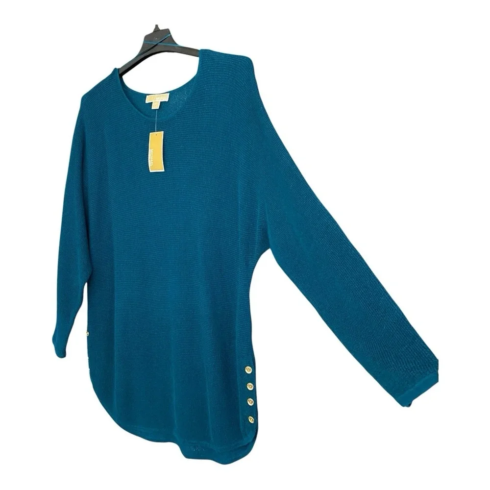 Michael Kors XL Luxe Teal Knit Tunic‎ Sweater Top Button Accents Dolman Sleeve